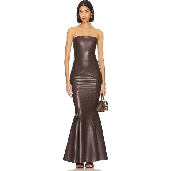NWT Norma Kamali Strapless Faux Leather Fishtail Gown Chocolate Brown Size L - Picture 9 of 16